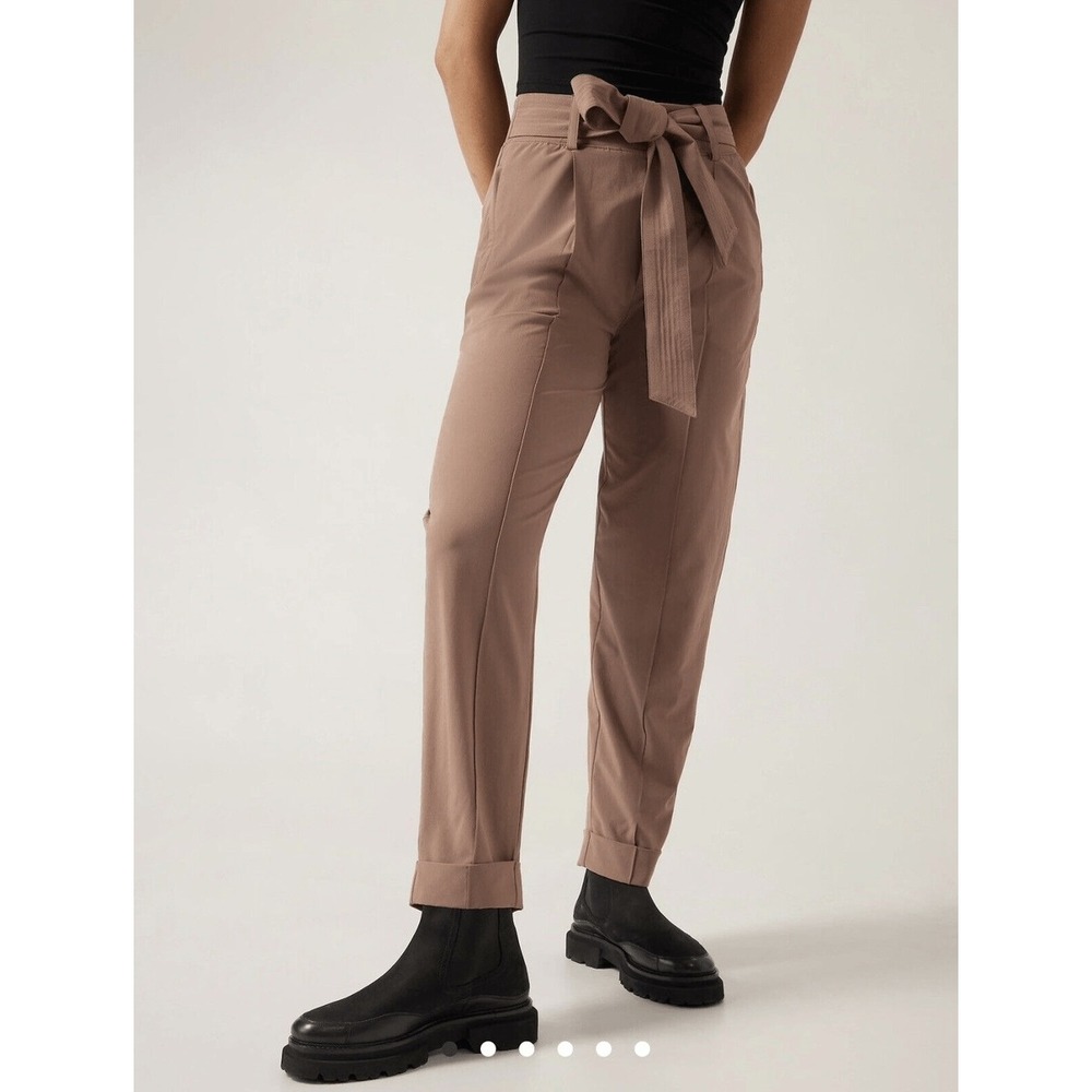 Athleta‎ Cardiff Pant Brown Mauve Paperbag Waist Tie Tapered Cuffed Trousers 2
